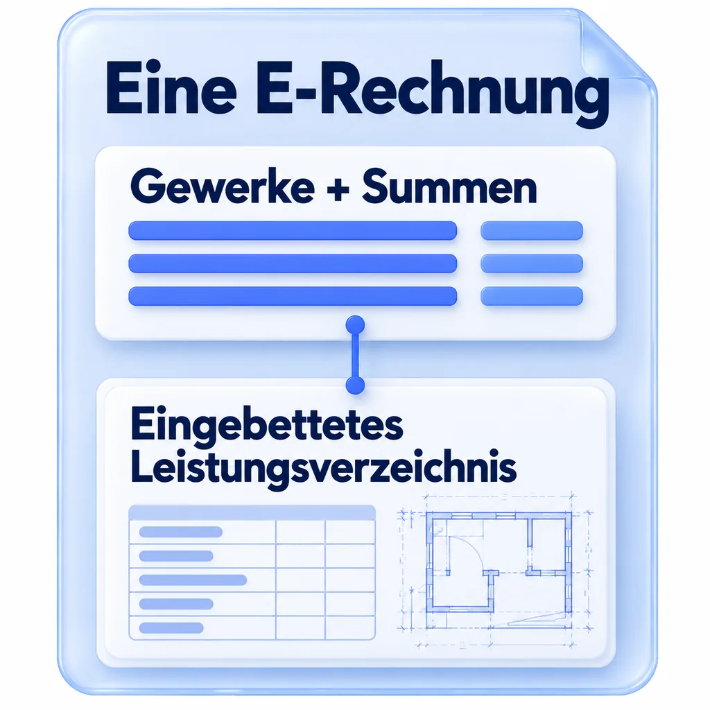 Eine E-Rechnung enthält die strukturierten Gewerke und Summen sowie das darin eingebettete Leistungsverzeichnis mit den Einzelheiten.
