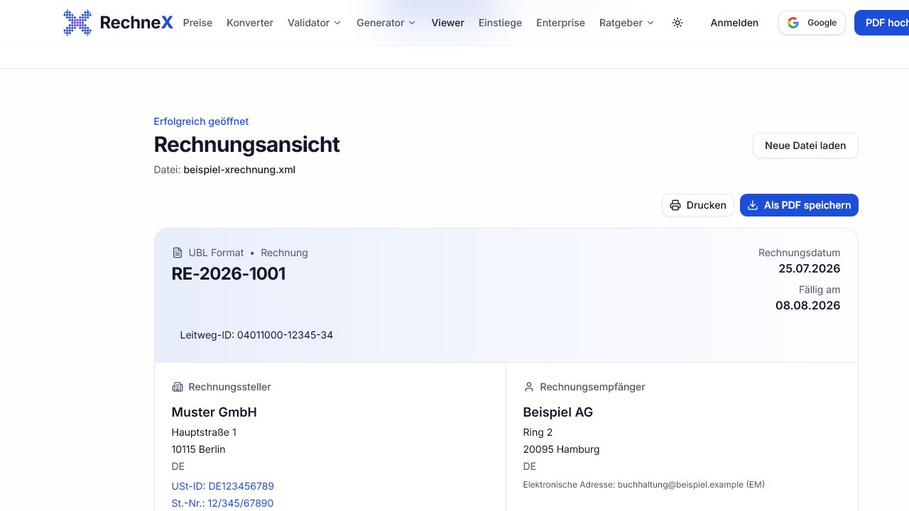 RechneX Rechnungsansicht einer XRechnung